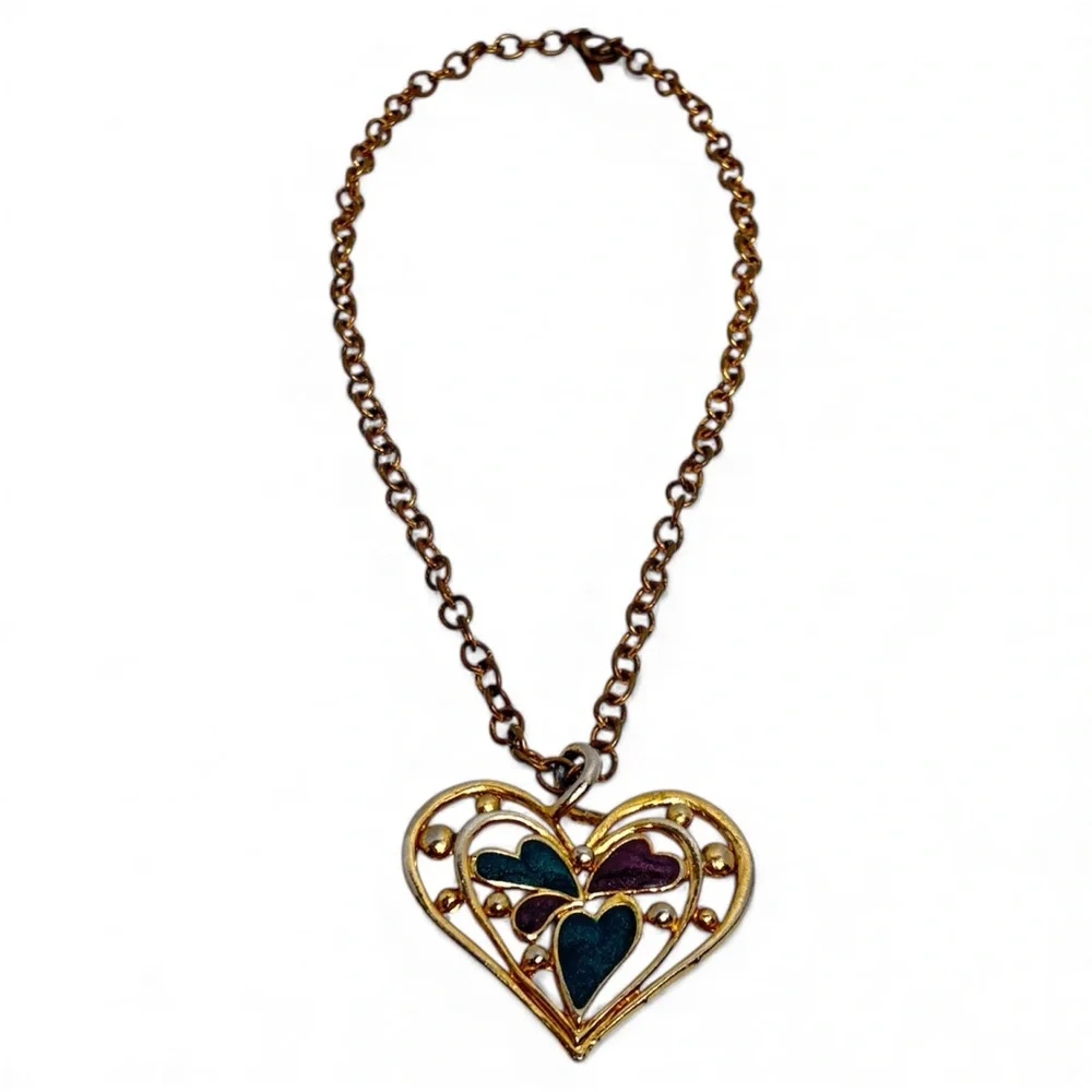 Vintage Gold Heart Necklace Teal & Purple Enamel 17 Inch Chain Toggle Closure